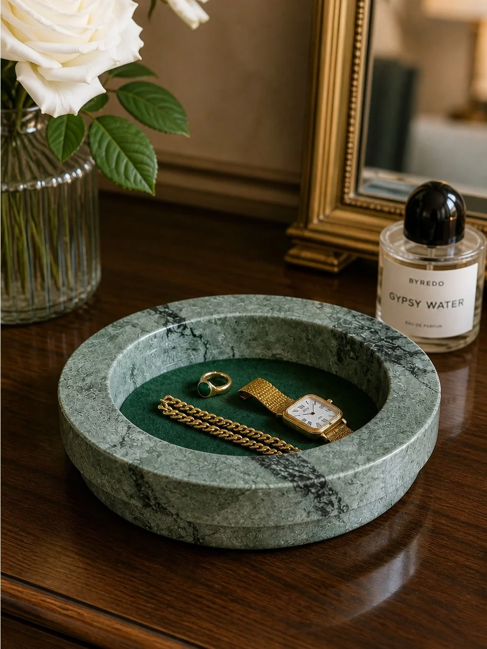 Vintage Green Marble Felt-Lined Catchall Bowl
